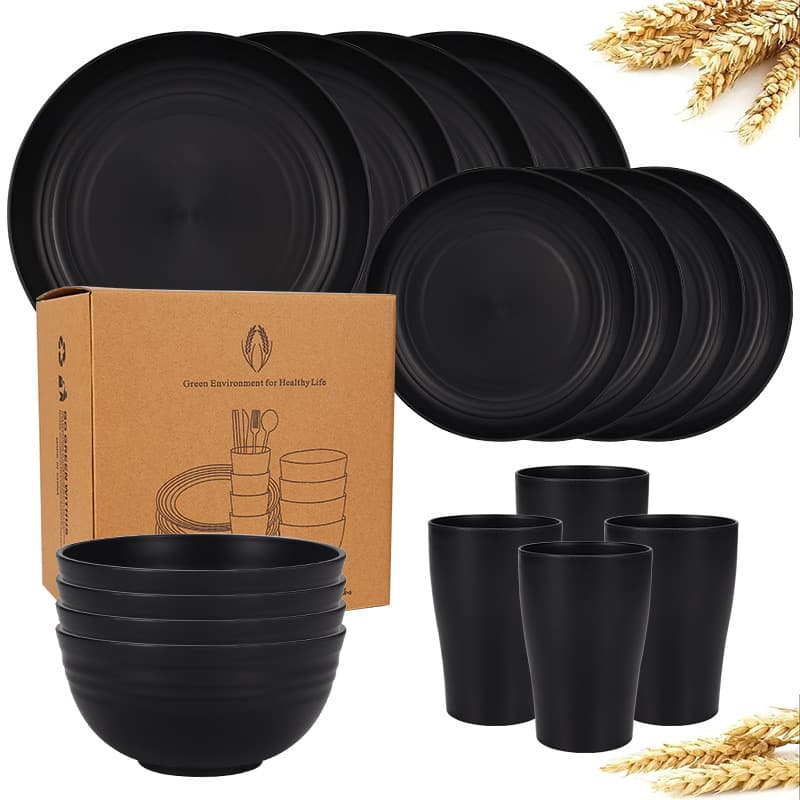 Cross-border Amazon Temu Wheat Straw Bowl, Dish, Plate 24-Piece Set, Plate, Bowl, Cup 16PC Mixed Color Tableware Gift Set