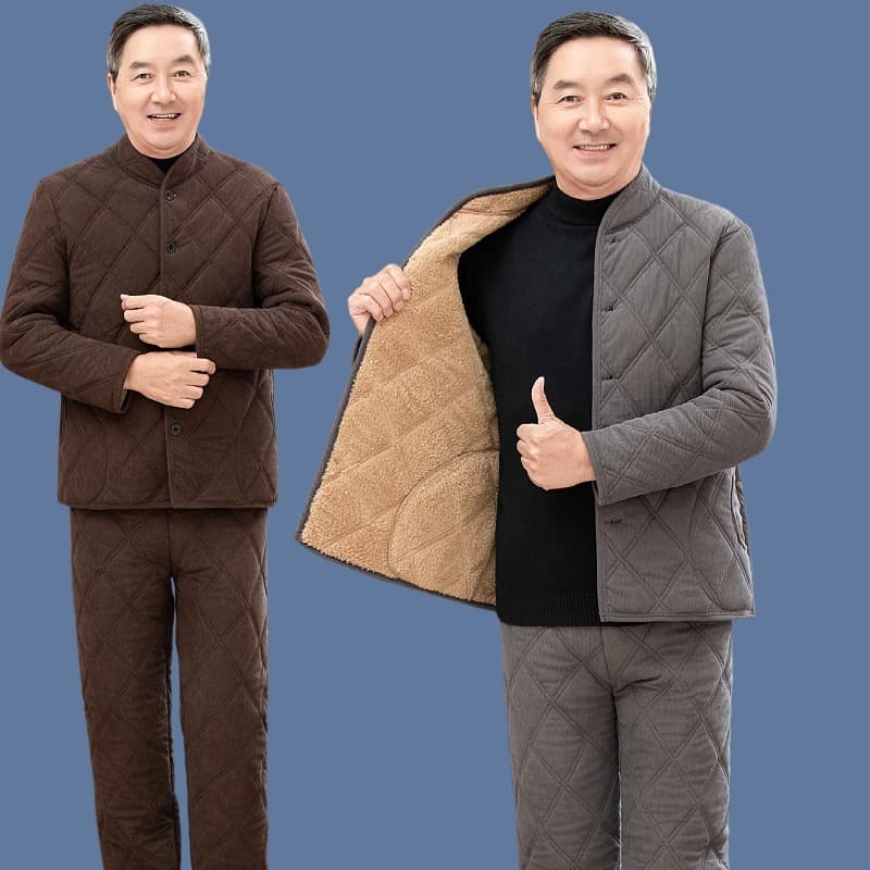 Men's fleece-lined cotton-padded jacket for middle-aged and elderly men, thickened two-piece winter set, grandfather's warm cotton-padded coat and trousers suit