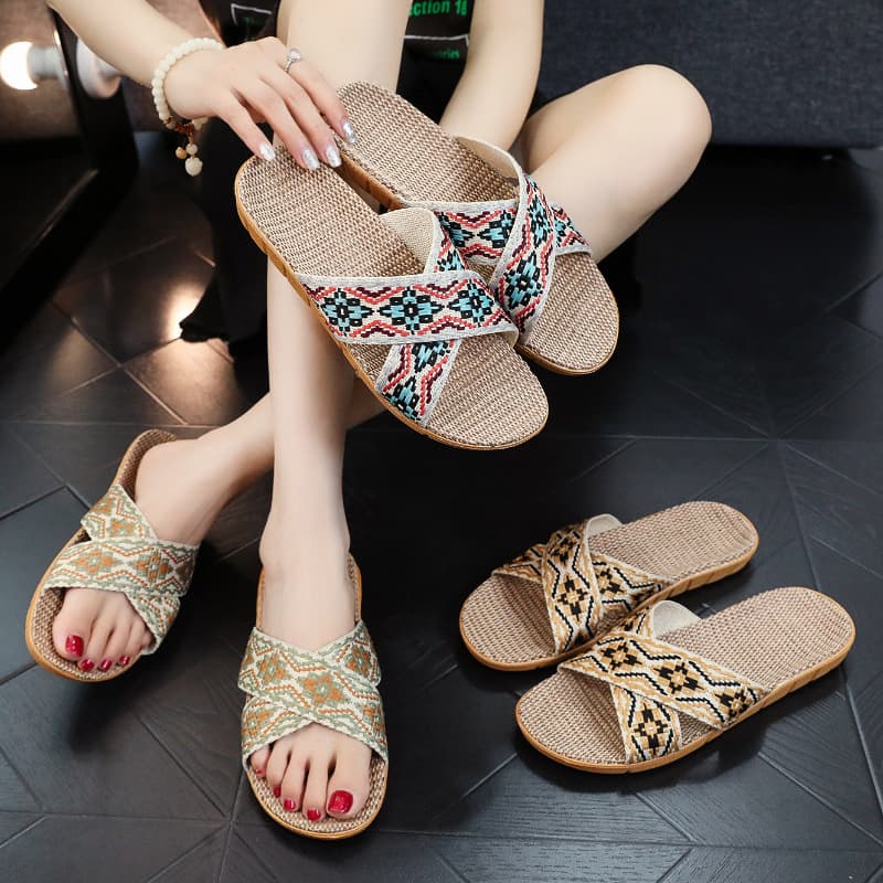 Four Seasons Linen Slippers for Home Use, Couples, Thick Sole Anti-Slip Indoor Sandals for Wood Floors, Summer Women's Style