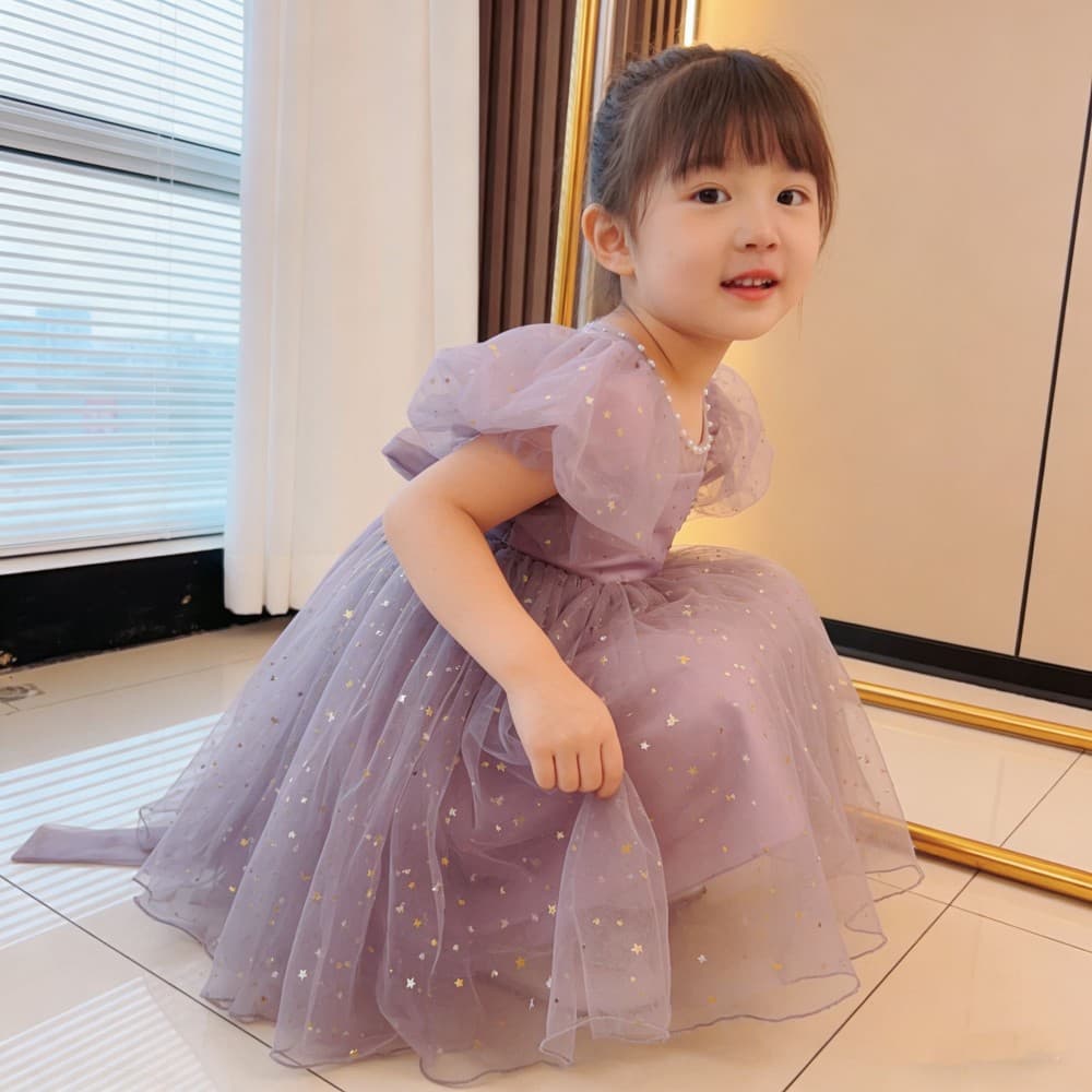 Girls lace dress summer cross-border children's puff sleeves puffy mesh wedding dress princess dress dropshipping