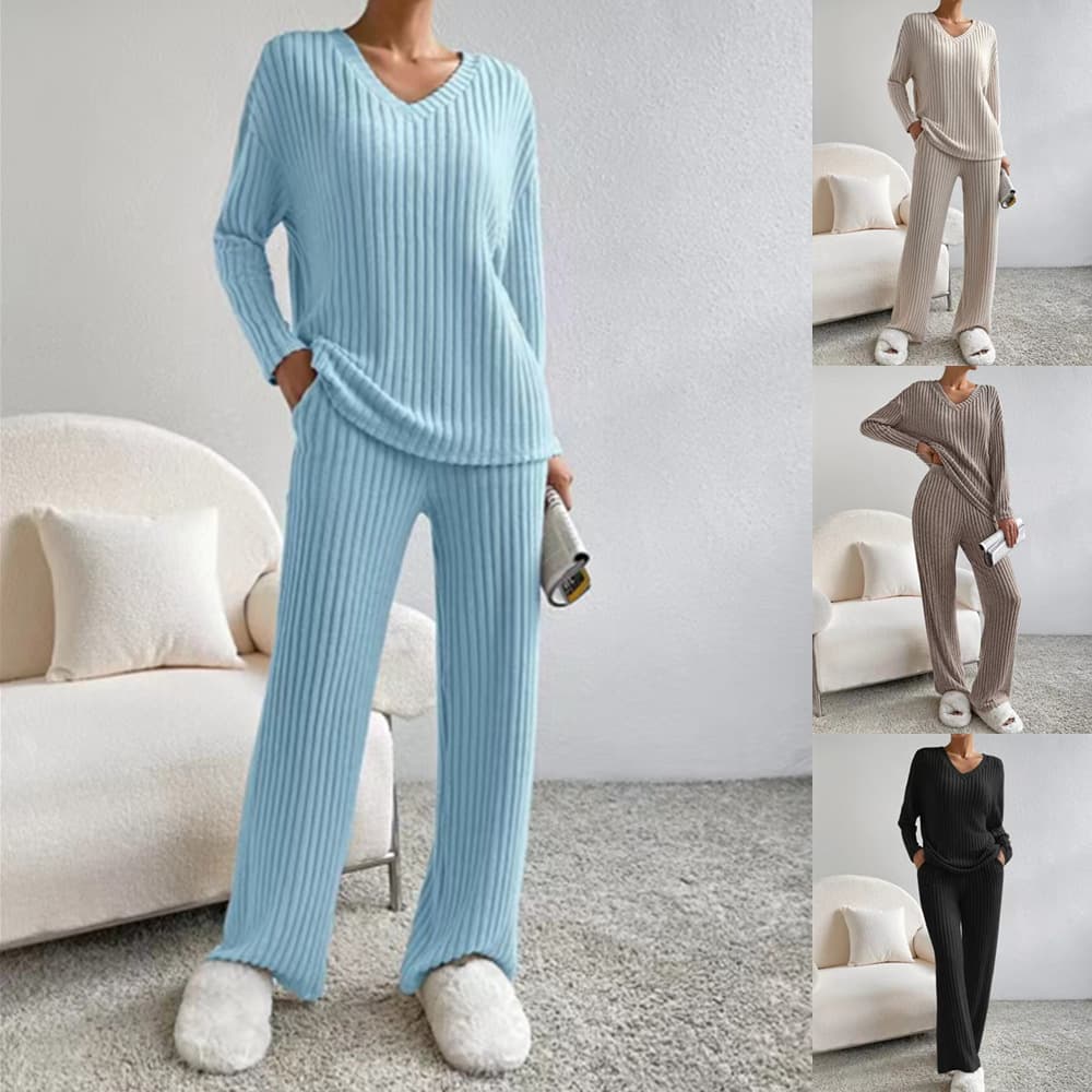 European and American Fall/Winter New Two-Piece Set Fashion Casual Straight-Leg Pants Elegant Loose V-Neck Ribbed Knit Suit