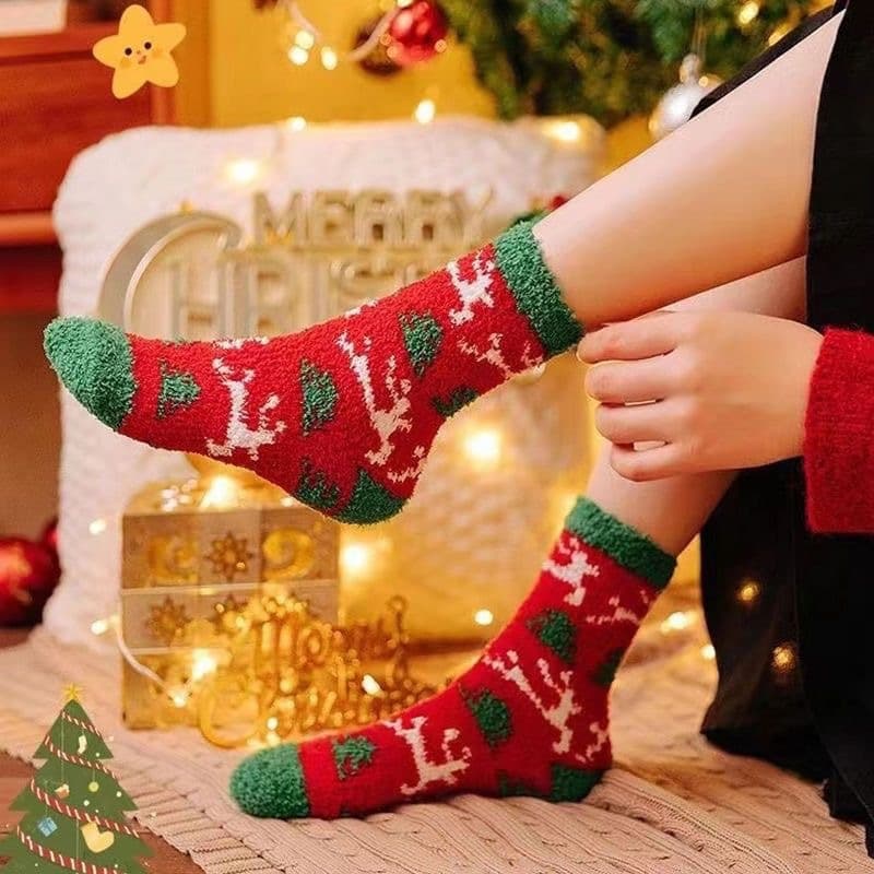 Autumn/Winter Thick Coral Fleece Socks, Warm Half-Fleece Socks, Terry Socks, Home Cartoon Sleep Socks, Thick Christmas Socks