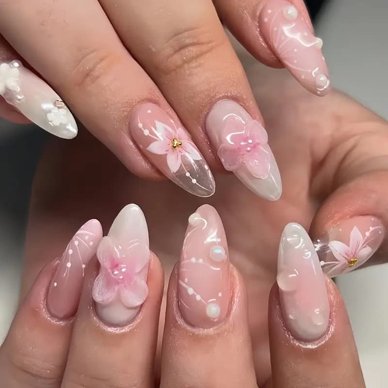 Cross-border Best-selling Almond-shaped Wearable Nails 3D Embossed Floral Butterfly Detachable Press-on Nails Wholesale