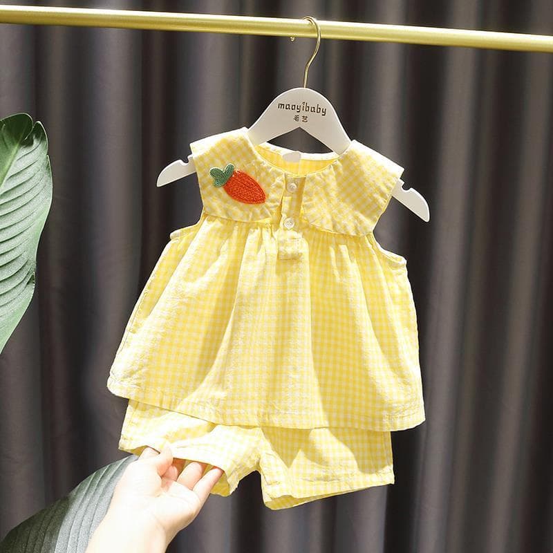 1-5 Year Old Baby Girl Yellow Plaid Suit Baby Girl Summer Dress K-Style 3 Girls Fashionable Fresh and Cute Two-Piece Set