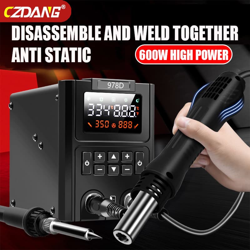 CZDANG Large Screen Digital Display 978D Soldering Iron Hot Air Gun 2-in-1 Desoldering Station for Phone Repair Hot Air Gun Soldering Station
