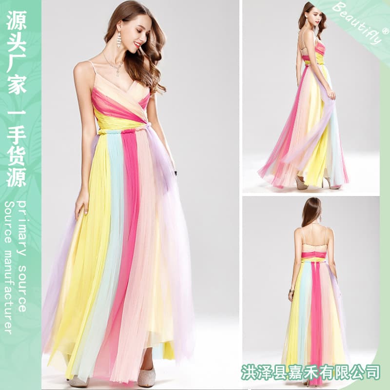 Cross-border bridesmaid dress evening dress new European and American goddess suspender mesh color matching evening dress bridesmaid dress