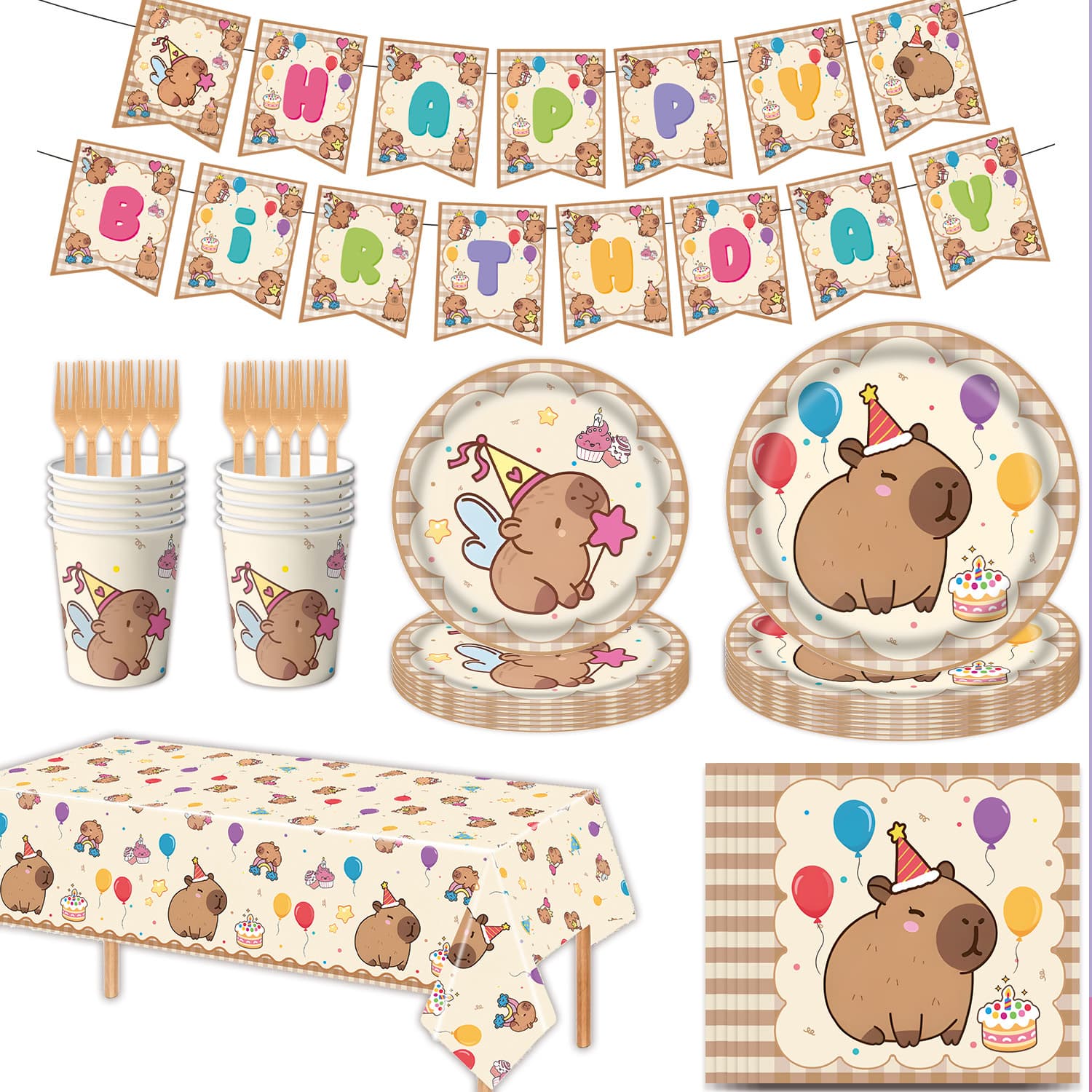 Cross-border Capybara Party Tableware: Paper Plates, Napkins, Tablecloth, Birthday Decoration Set