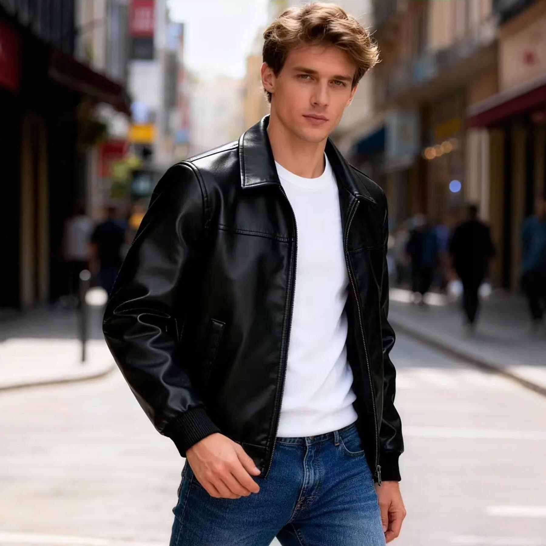 Cross-border new men's PU leather jacket stand collar motorcycle jacket slim fashion casual jacket autumn and winter trendy leather jacket