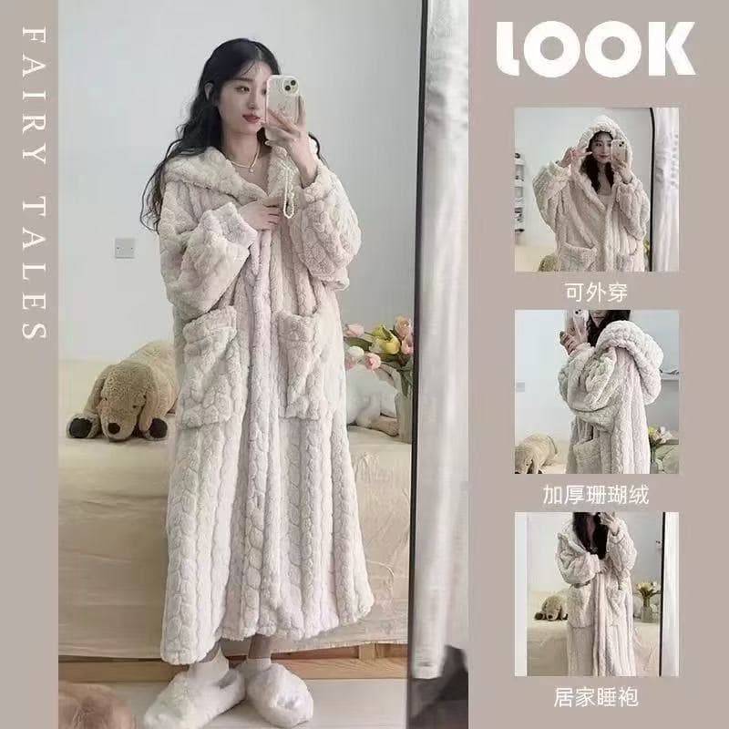 Women's Autumn Winter Coral Fleece Thickened Flannel Bathrobe Hooded Sleepwear Set Warm Loungewear Cross-Border