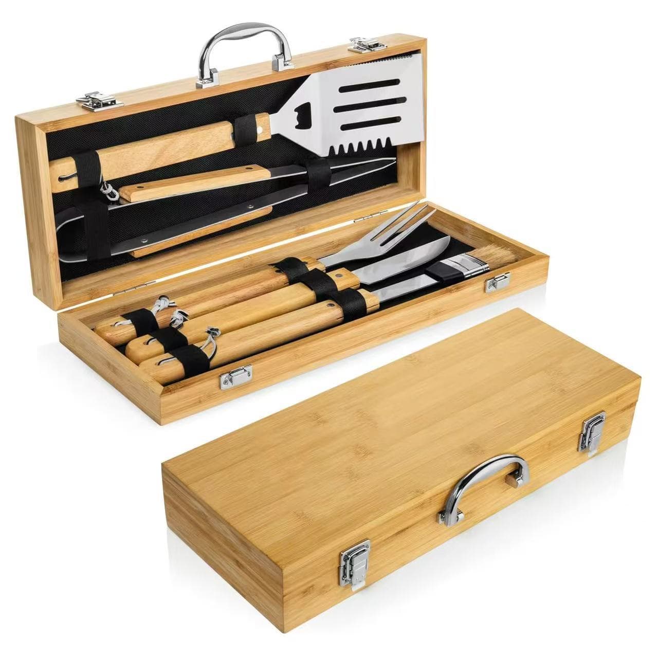 Ready-to-Ship Factory Stainless Steel Barbecue Tool Set - Outdoor BBQ Wooden Handle Fork Spatula Tongs Full Kit