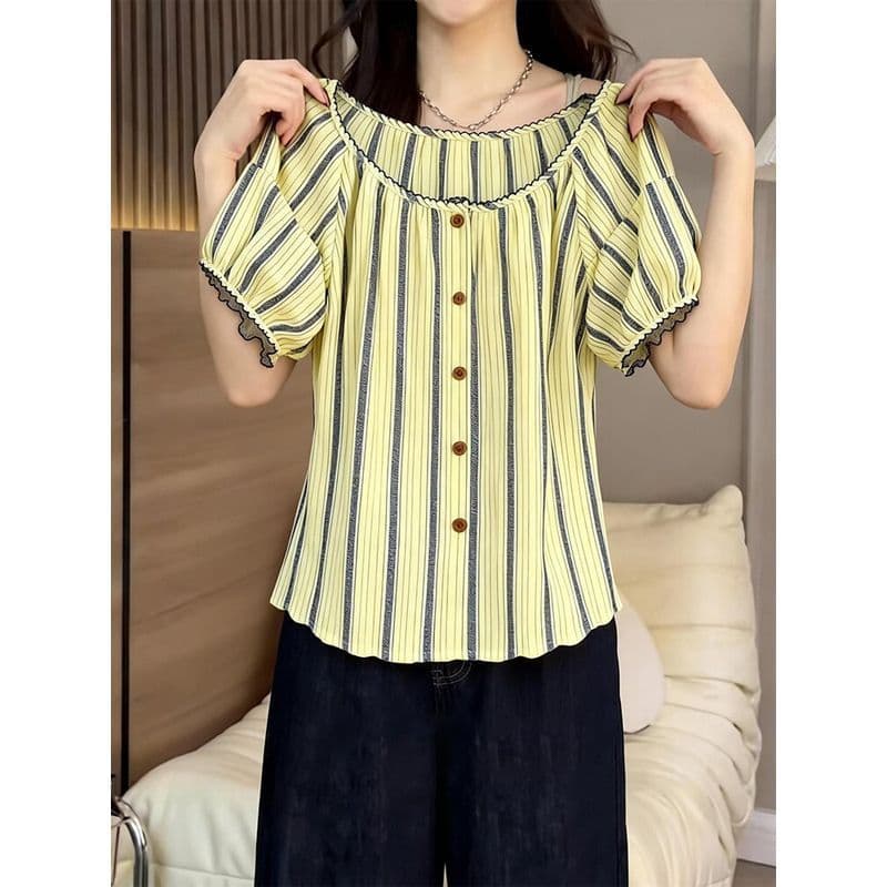 2026 Summer Large Size Korean Striped Puff Sleeve Shirt Women 2026 Summer Sweet Loose Button Yellow Top