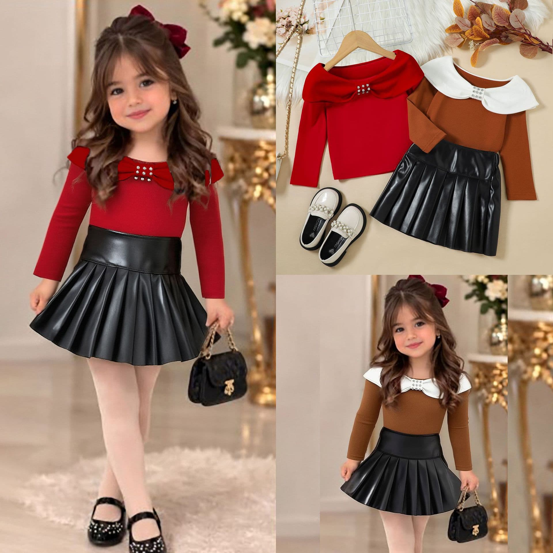 European and American Autumn Girl Bow Design Off-Shouldle Long-Sleeve Top with PU Leather Pleated Skirt Two-Piece Set