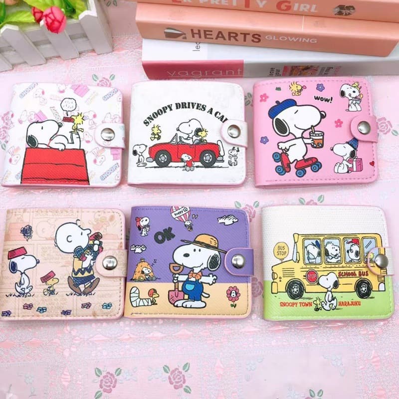 New Cross-Border PU Short Wallet Cartoon Snoopy Coin Purse with Button Change Purse Card Holder Wallet