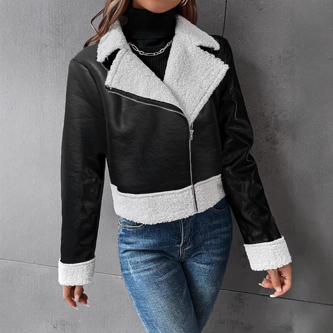European and American Women's Fashion Casual Solid Color Long Sleeve Zipper Faux Leather Jacket Short Style Autumn Winter Coat