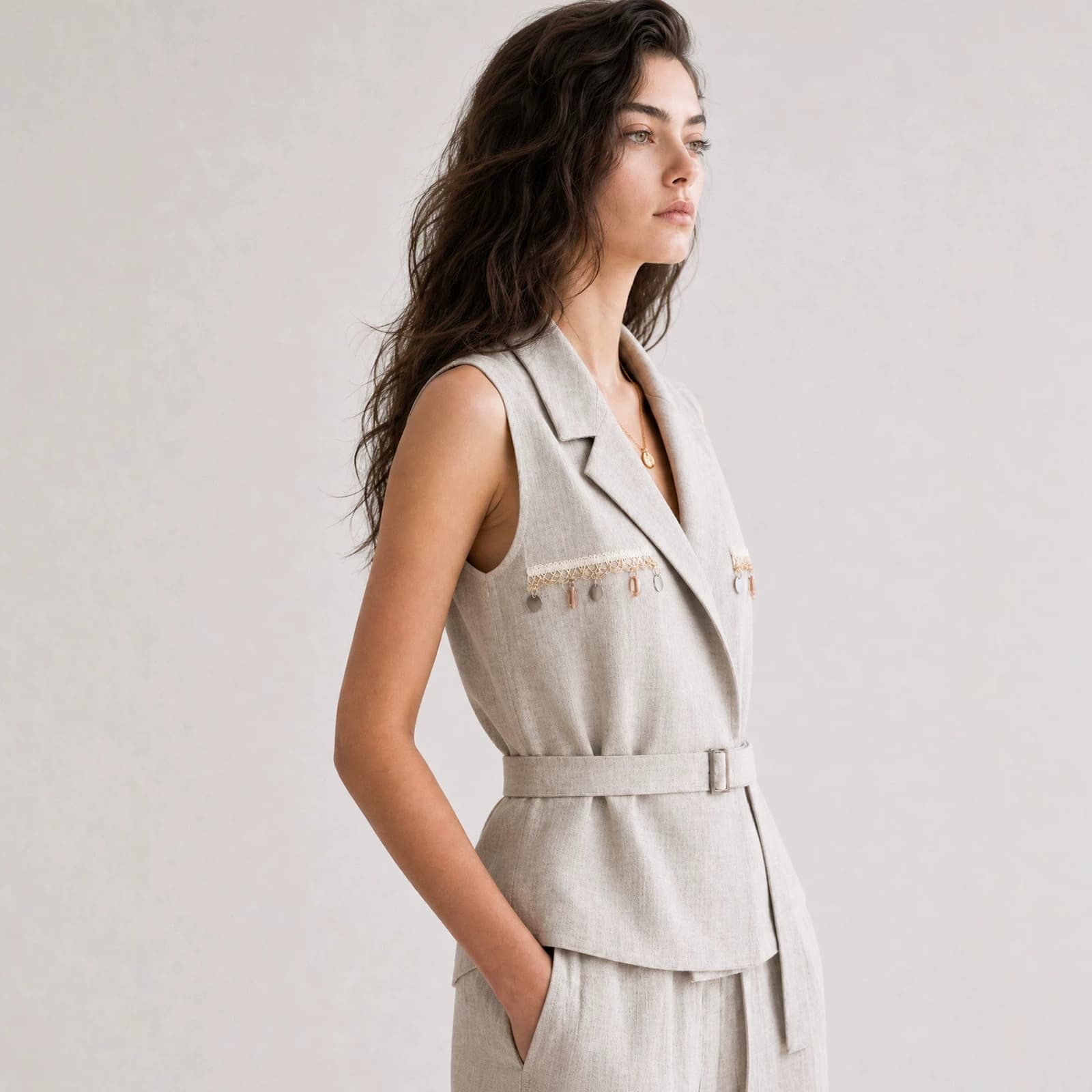 100% Linen Vest for Women Summer Breathable Commute Sleeveless Top Mature Casual Style with Belt