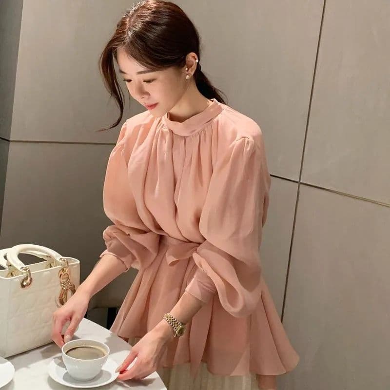 French Style Waist-Cinching Slimming Long-Sleeve Pleated Blouse for Women, Spring/Fall 2024 New Arrival, Stand Collar Shirt Top
