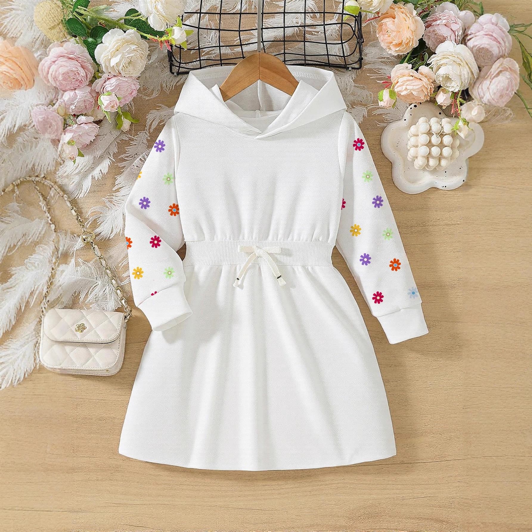 Girls spring and autumn white casual hooded long-sleeved waist dress sporty style cross-border children's clothing supply