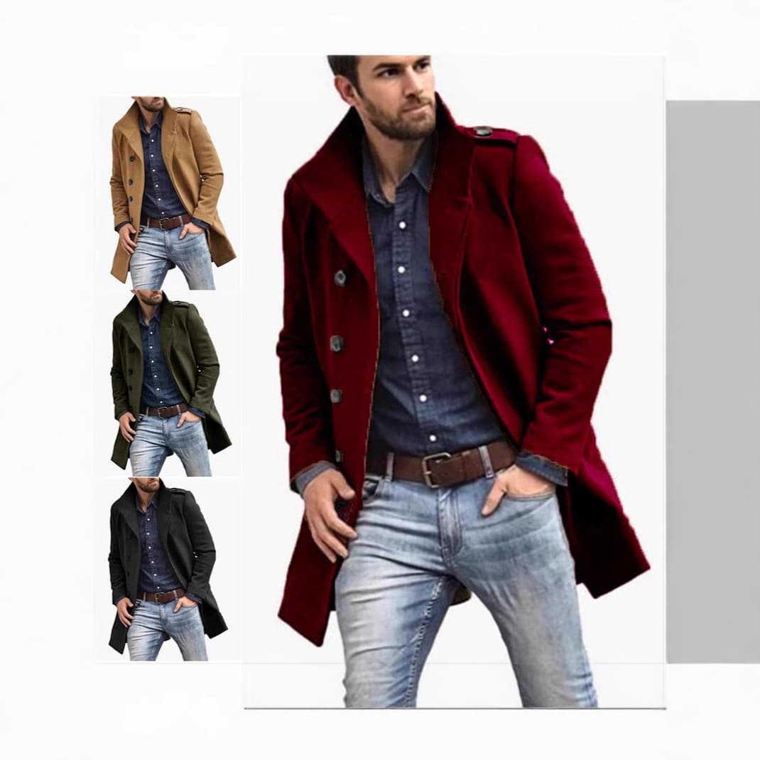 European/American Cross-Border New Men's Autumn/Winter Mid-Length Trench Coat Wool Overcoat Stand Collar Solid Color Jacket Button-Down Men's Jacket