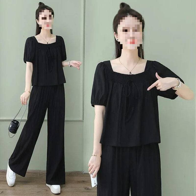 2026 Summer New Korean Style Simple Casual Square Neck Puff Sleeve Loose Top and Wide Leg Pants Two-Piece Set