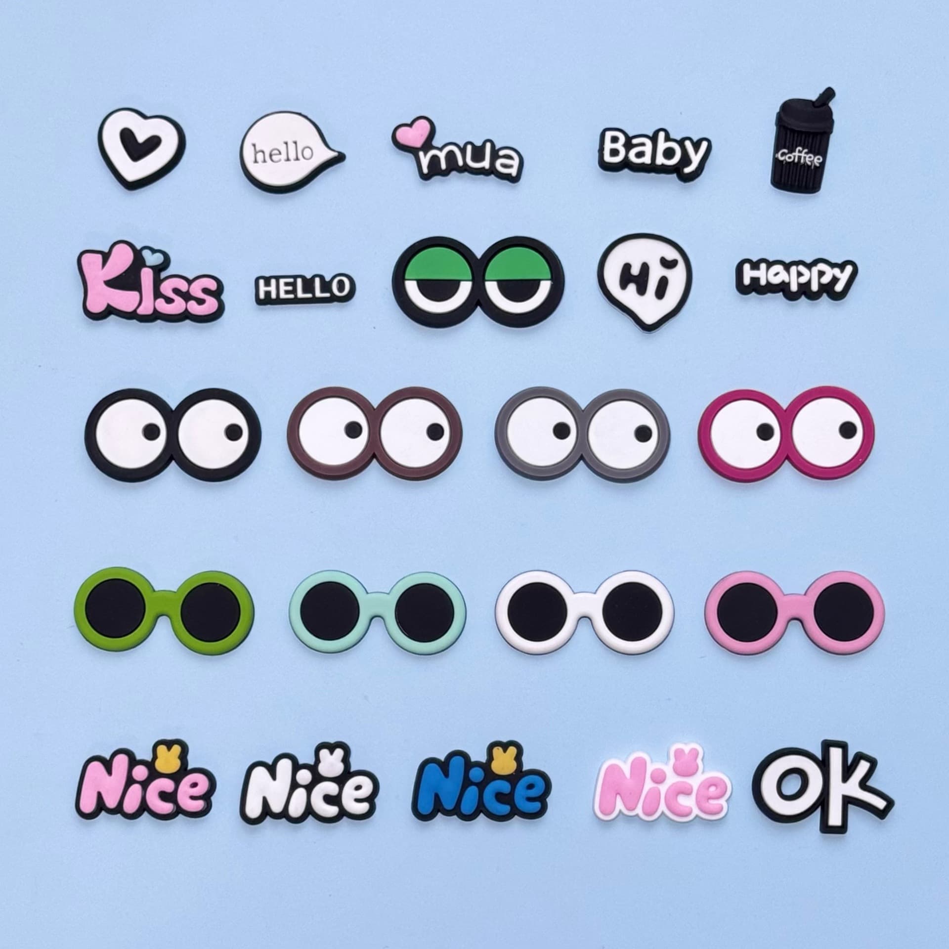 Creative and quirky DIY PVC soft rubber patches: green and black sunglasses, couple styles, phone and tablet cases, car accessories.
