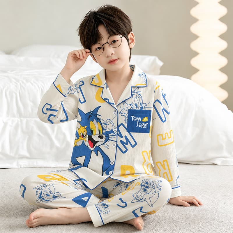 Autumn Boys Cardigan Pajama Set Lapel Long Pants Long Sleeve Cloud Cotton Sleepwear for Toddlers Kids Teens Factory Direct
