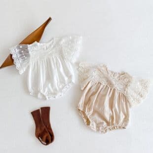 INS 2026 Summer New Infant Baby Girl: Large Flutter Sleeve Lace Diaper Bodysuit Romper