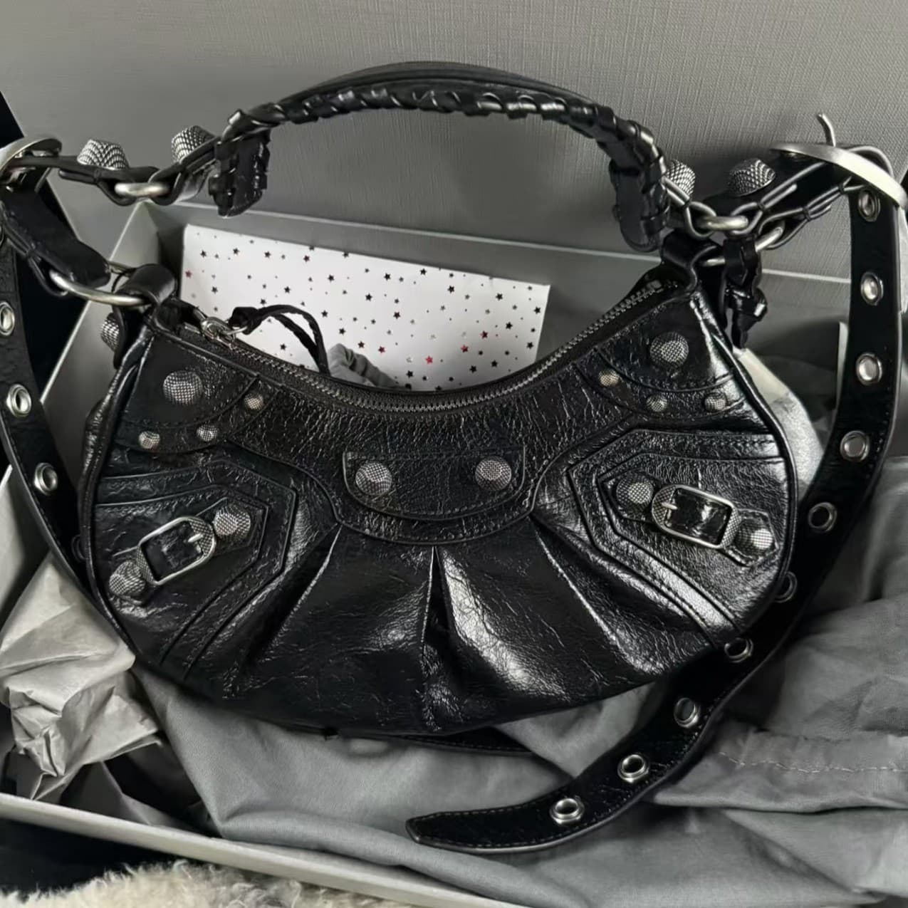 25 New B-style Motorcycle Bag Underarm Bag Studded Tassel 3-in-1 Crescent Pleated Cowhide Shoulder Crossbody Women's Bag