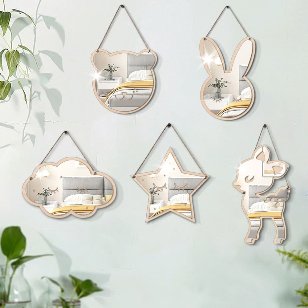 Nordic Wooden Mirror Wall Hanging Decoration for Kids' Home Decor Acrylic Mirror Wooden Wall Sticker Hanging