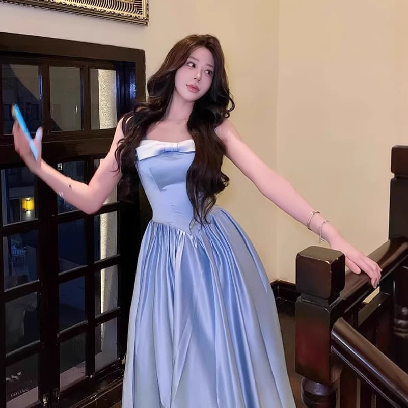 French Strap Dress Women Evening Gown Light Luxury Bow Satin Princess Art Exam Puffy Dress