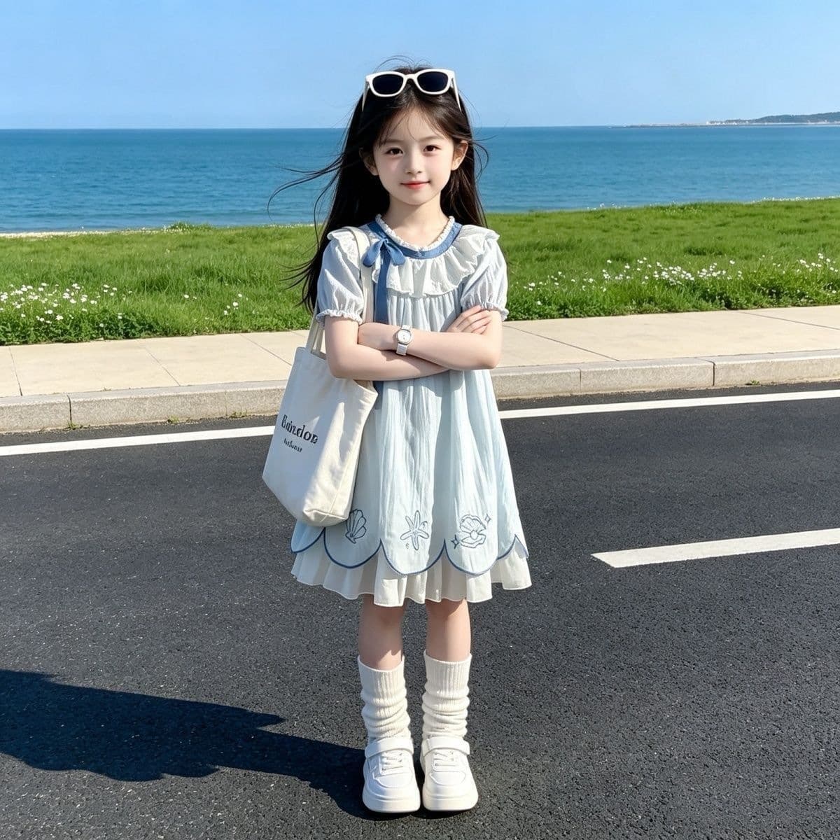 Girls' Summer Dress, New High-End Shell-Style Dress, a Must-Have for Seaside Travel, Korean Style Fresh Princess Dress