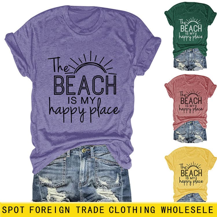 The Beach Is My Happy Amazon eBay Casual Women's Round Neck Short Sleeve T-Shirt Base Layer