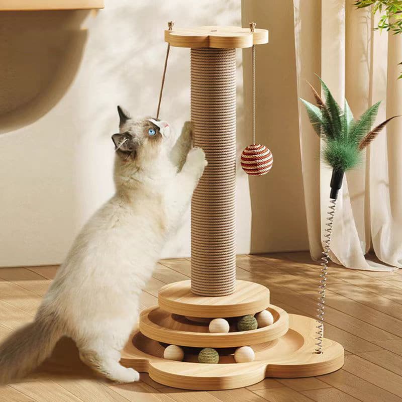 Cat Scratching Post Climbing Tree Toy Self-Entertainment Teaser Wand Cat Sisal Ball Scratching Board Solid Wood Supplies for Kittens