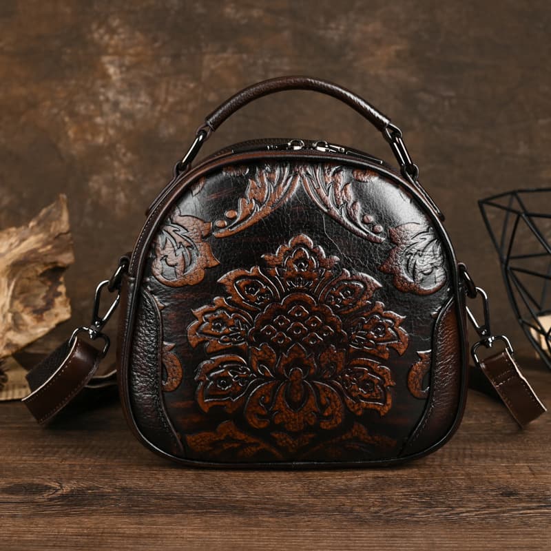 Genuine Leather Retro round Women's Bag Top Layer Cowhide Casual Single Shoulder Crossbody Handbag Maternity Bag Motorcycle Bag