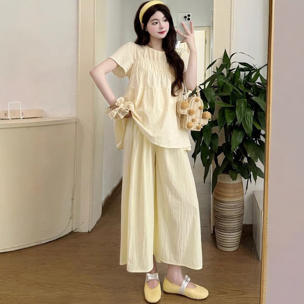 Minimalist Maternity Summer Set, Fashionable and Trendy Casual Loose Short-Sleeve Wide-Leg Pants Loungewear Two-Piece Outfit