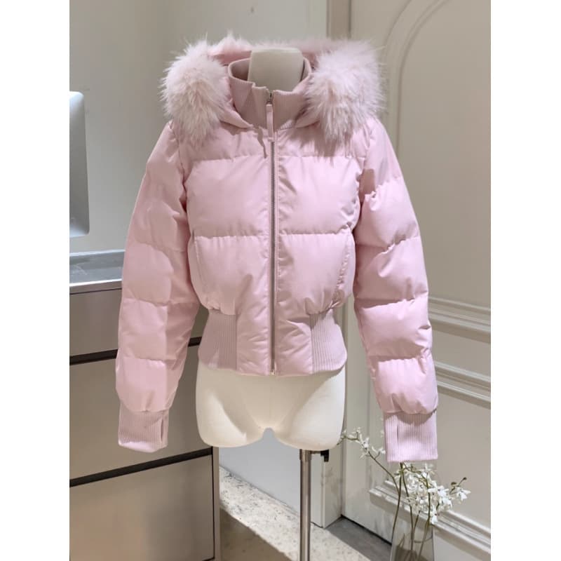 Little Seagull Same Style Pink-White Slim Short Sweet Large Fur Collar Puffer Jacket for Women, 2025 Autumn/Winter New Hooded Coat