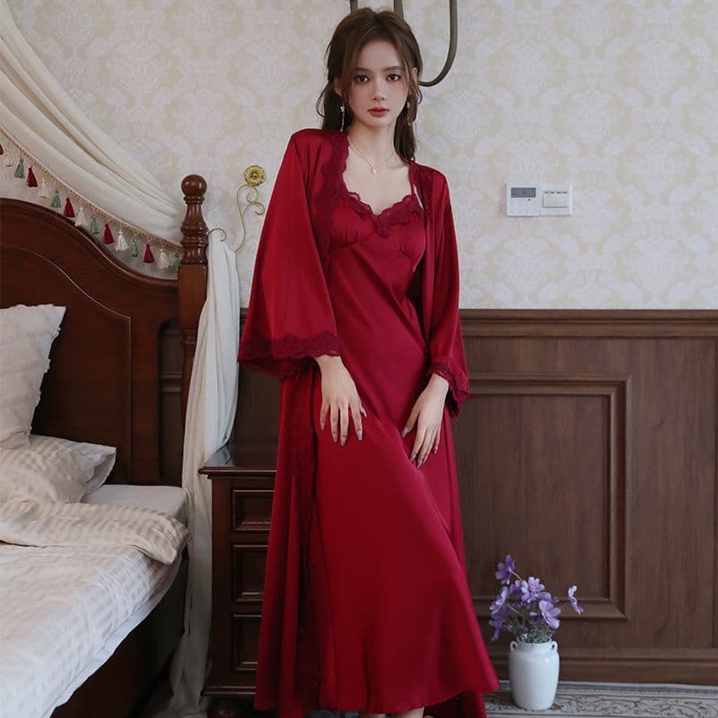 Victory Control Sexy Silk Pajamas Women's Palace Style Long Robe Lace Camisole Nightgown Sleepwear Set Long Dress