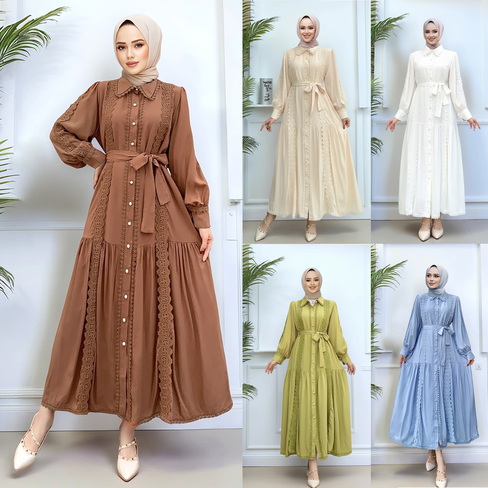 M328#6 color spot Turkish dress popular women's lapel new lace splicing waist long skirt