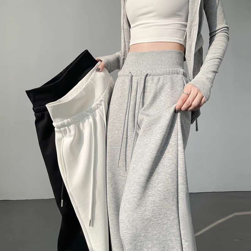 American Style Gray Sweatpants for Women Spring Autumn High Waist Tummy Control Wide Leg Loose Casual Floor-Length Sweatpants