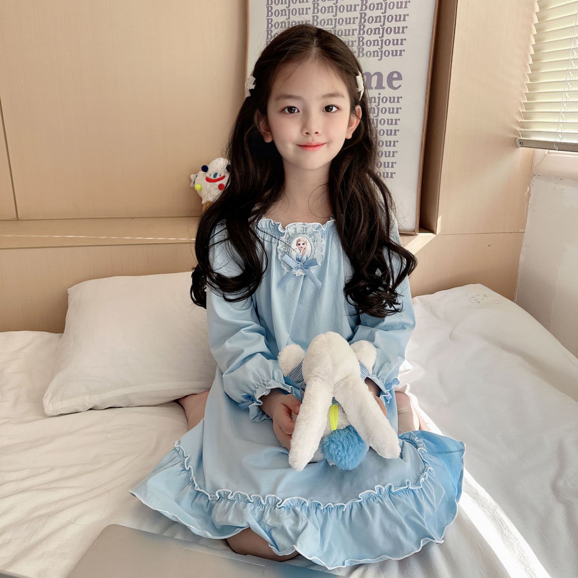 Original New Girls' Cotton Long-Sleeve Homewear Dress Frozen Elsa Pajama Nightgown