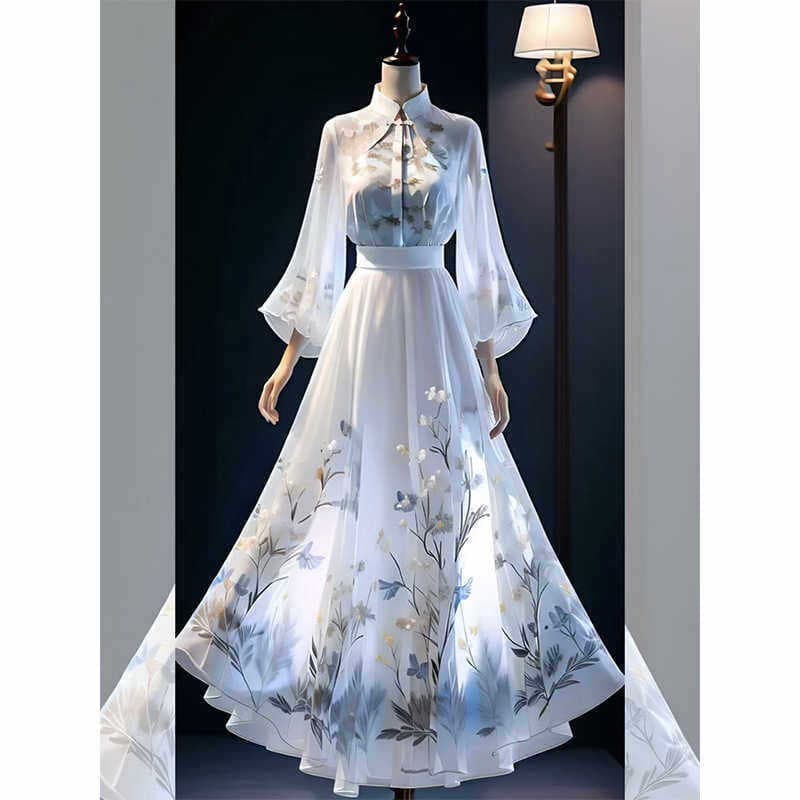 Plus Size Women Spring Summer Chinese Style Set Long Dress Plus Size Hanfu Modified White Shirt National Style Skirt Two-Piece Set