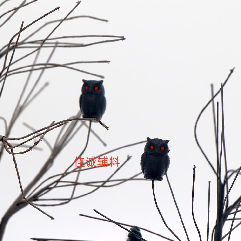 Black simulated owl dead tree decoration, dark wind micro landscape ornaments, Halloween red-eyed owl ornaments