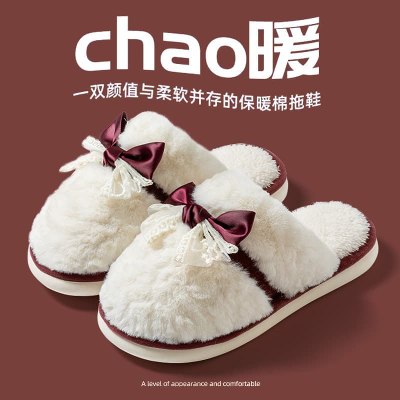 Bow Cotton Slippers Women's Autumn Winter New Home Fashion Warm Slip-resistant Soft Sole Comfortable Outdoor Wear Plush Fur Slippers