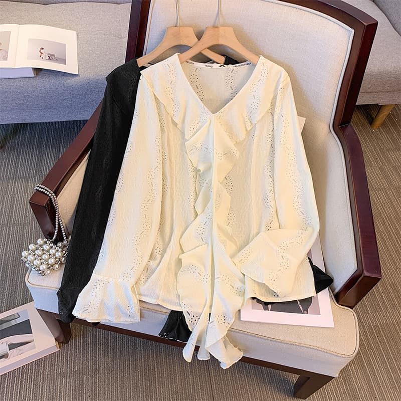 Transformation Strategy: Plus Size Women's Long-Sleeved Lace Chiffon Blouse for Spring/Summer, Unique Jacquard Hollow-Out Top