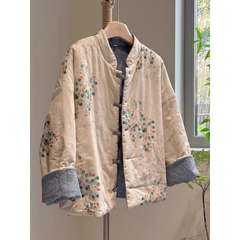 New Chinese Style Retro Double-Sided Ramie Cotton Coat, Stand Collar Improved Tang Suit Youthful Cotton Jacket Lined Winter Wear