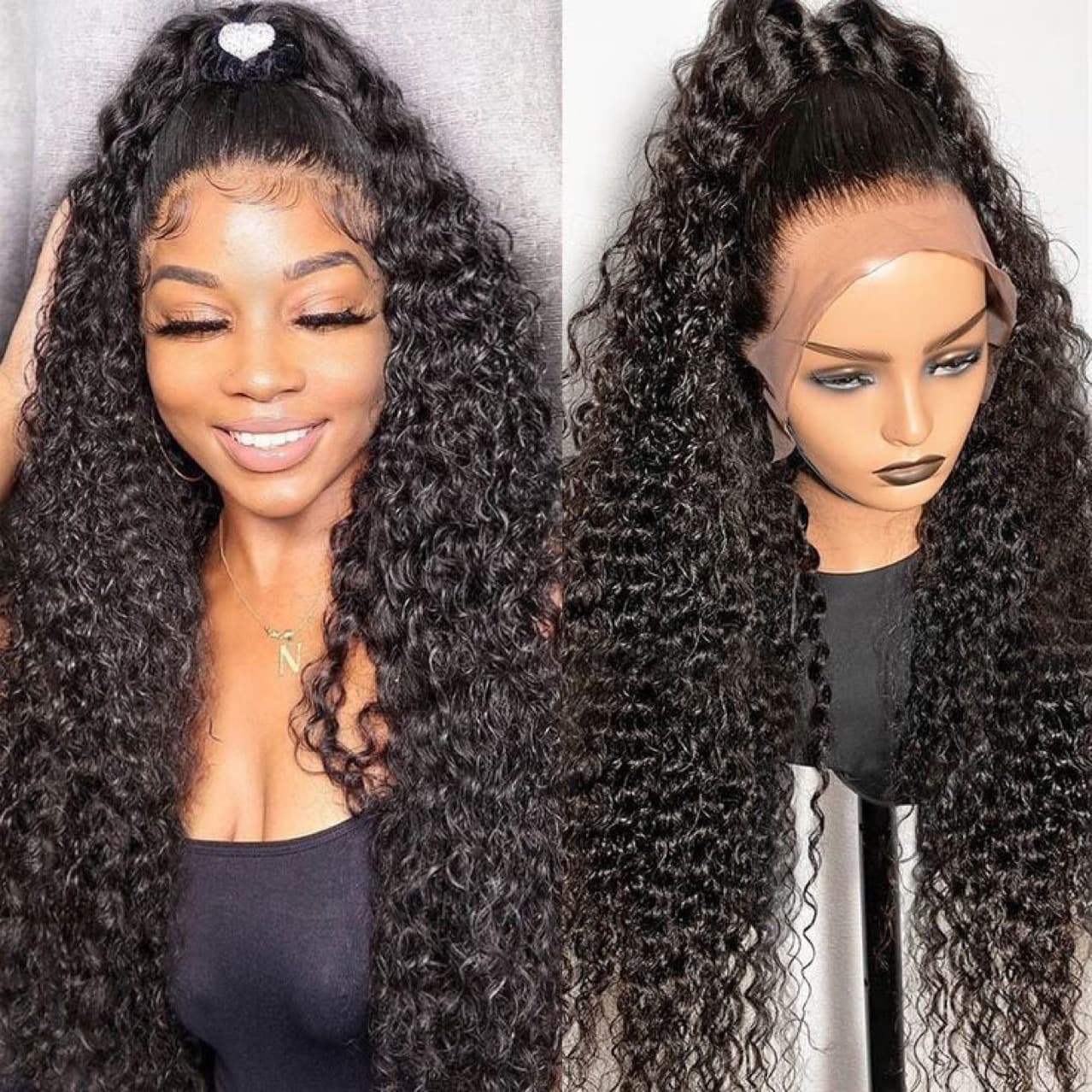 Wig real hair lace front hood curly hair natural color lace front hood mid-length