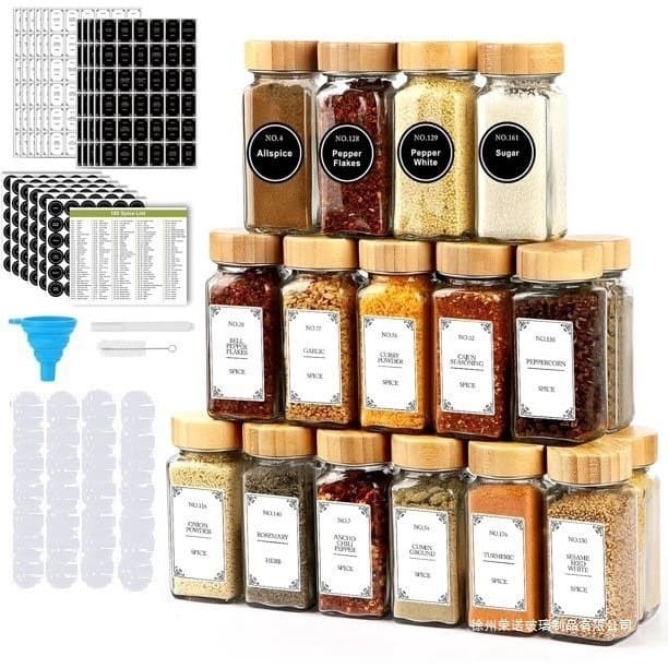 Foreign trade hot-selling seasoning bottle set bamboo lid acacia wood lid kitchen seasoning pepper sprinkling glass seasoning jar combination