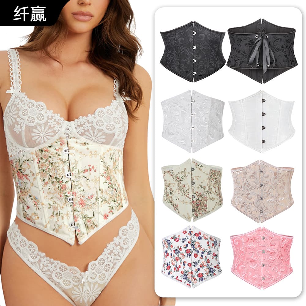 Short Corset with Embroidery Jacquard, Waist Trainer for Slimming and Tummy Control, Renaissance Style Bodice