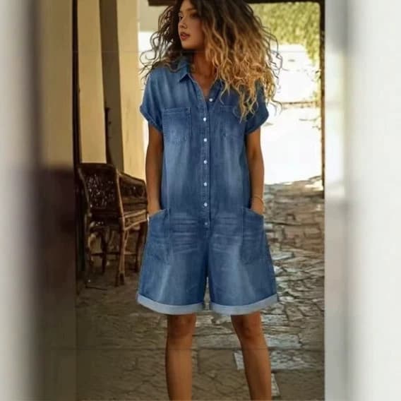 Cross-border European and American 2026 spring short-sleeved multi-pocket shirt washed denim jumpsuit shorts cross-border plus size women's clothing