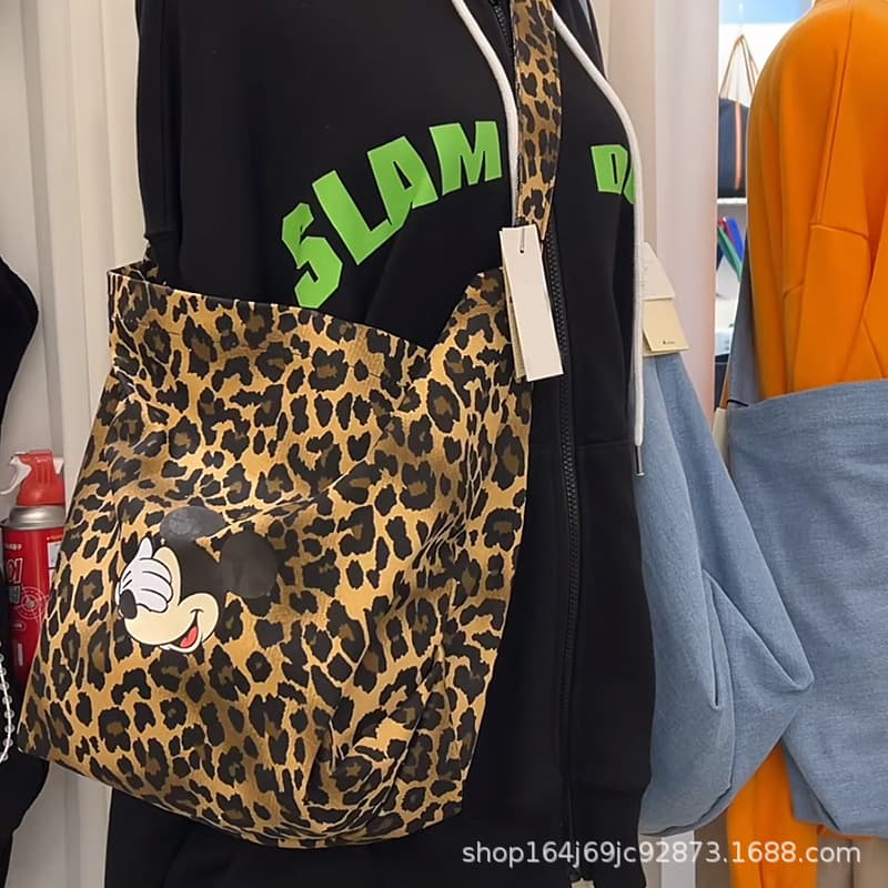 Retro Leopard Print Canvas Shoulder Bag for Women Mickey Cute Cartoon Plush Tote Bag Large Capacity Commuter Handbag
