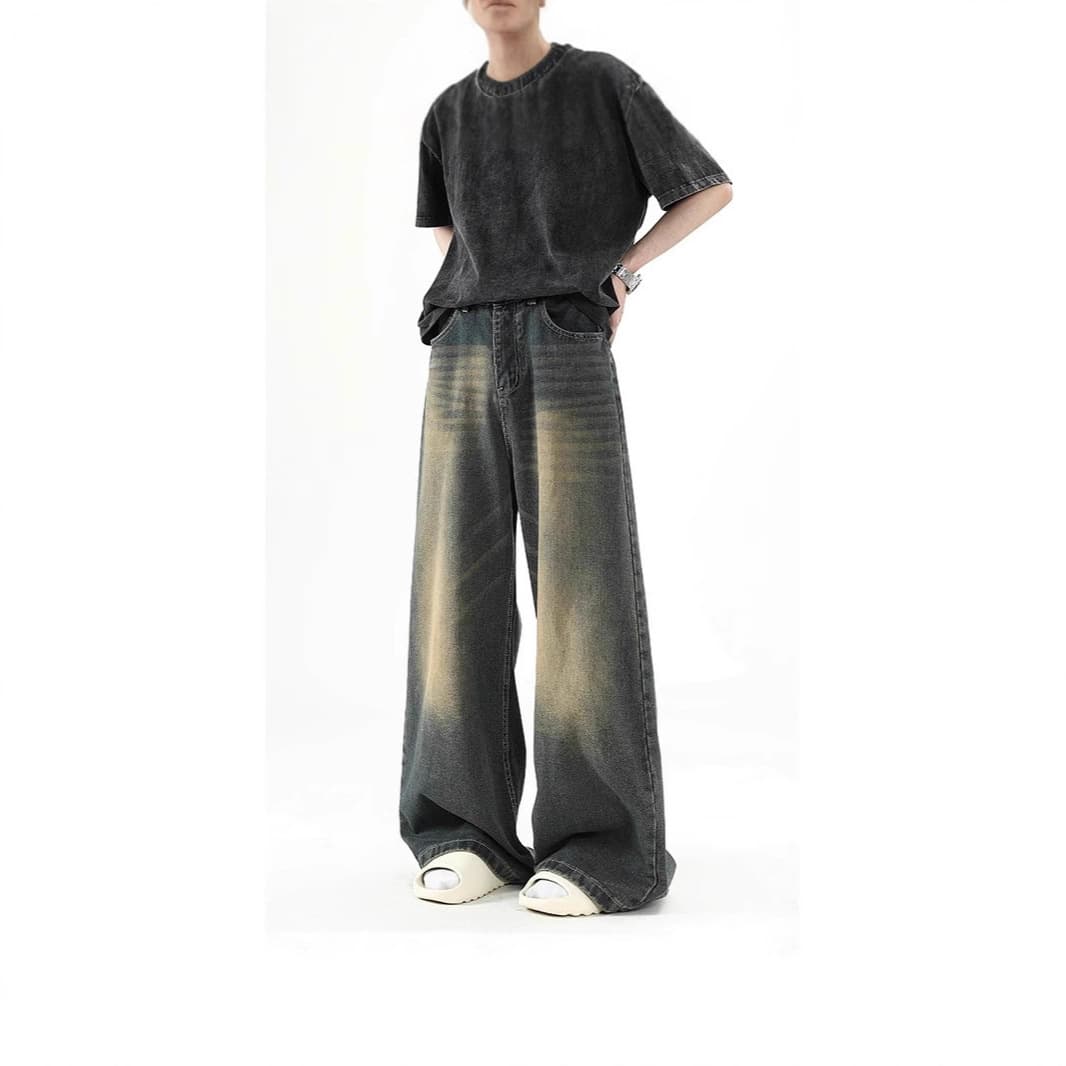 Panel Design Washed Denim Jeans for Men Spring Style American Retro Loose Fit Slimming Slightly Wide Leg Pants